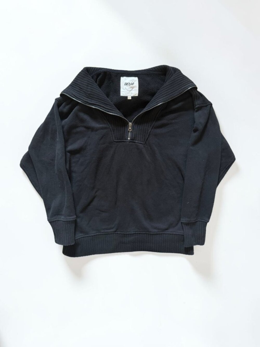 Aerie Black Quarter Zip Pullover XS Oversized Sweatshirt Ribbed Collar Cozy